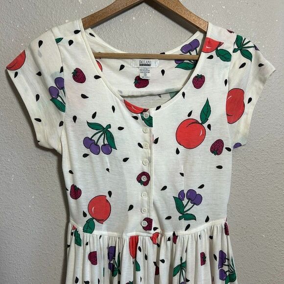 VTG 90s Fruit Print Midi Dress Womens S White Knit Cotton Blend Fit Flare - Picture 4 of 11